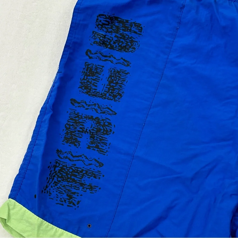 Vintage 90s Surf Gear Blue & Mint Green Swim Trunks Board Shorts Mens XL 36/38